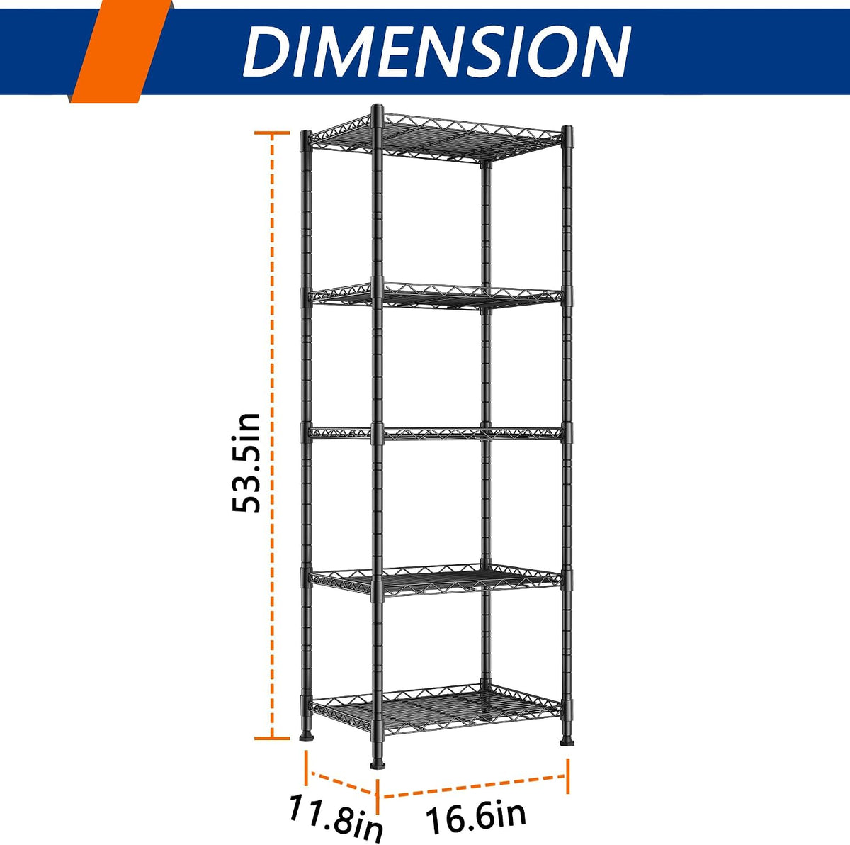 5-Wire Shelving Metal Storage Rack Adjustable Shelves,Standing Storage Shelf Units for Laundry Bathroom Kitchen Pantry Closet(Black,11.8" D x 16.6" W x 53.5" H)