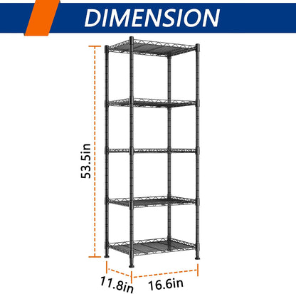 5-Wire Shelving Metal Storage Rack Adjustable Shelves,Standing Storage Shelf Units for Laundry Bathroom Kitchen Pantry Closet(Black,11.8" D x 16.6" W x 53.5" H)