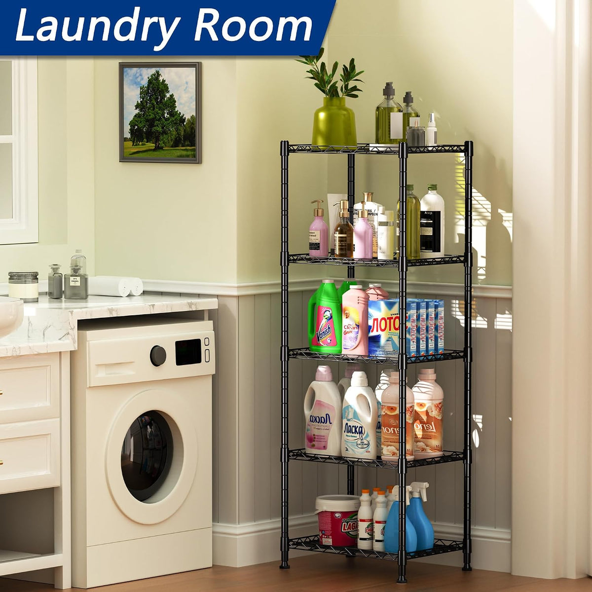 5-Wire Shelving Metal Storage Rack Adjustable Shelves,Standing Storage Shelf Units for Laundry Bathroom Kitchen Pantry Closet(Black,11.8" D x 16.6" W x 53.5" H)