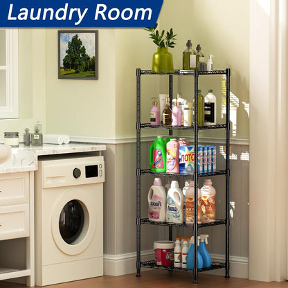 5-Wire Shelving Metal Storage Rack Adjustable Shelves,Standing Storage Shelf Units for Laundry Bathroom Kitchen Pantry Closet(Black,11.8" D x 16.6" W x 53.5" H)