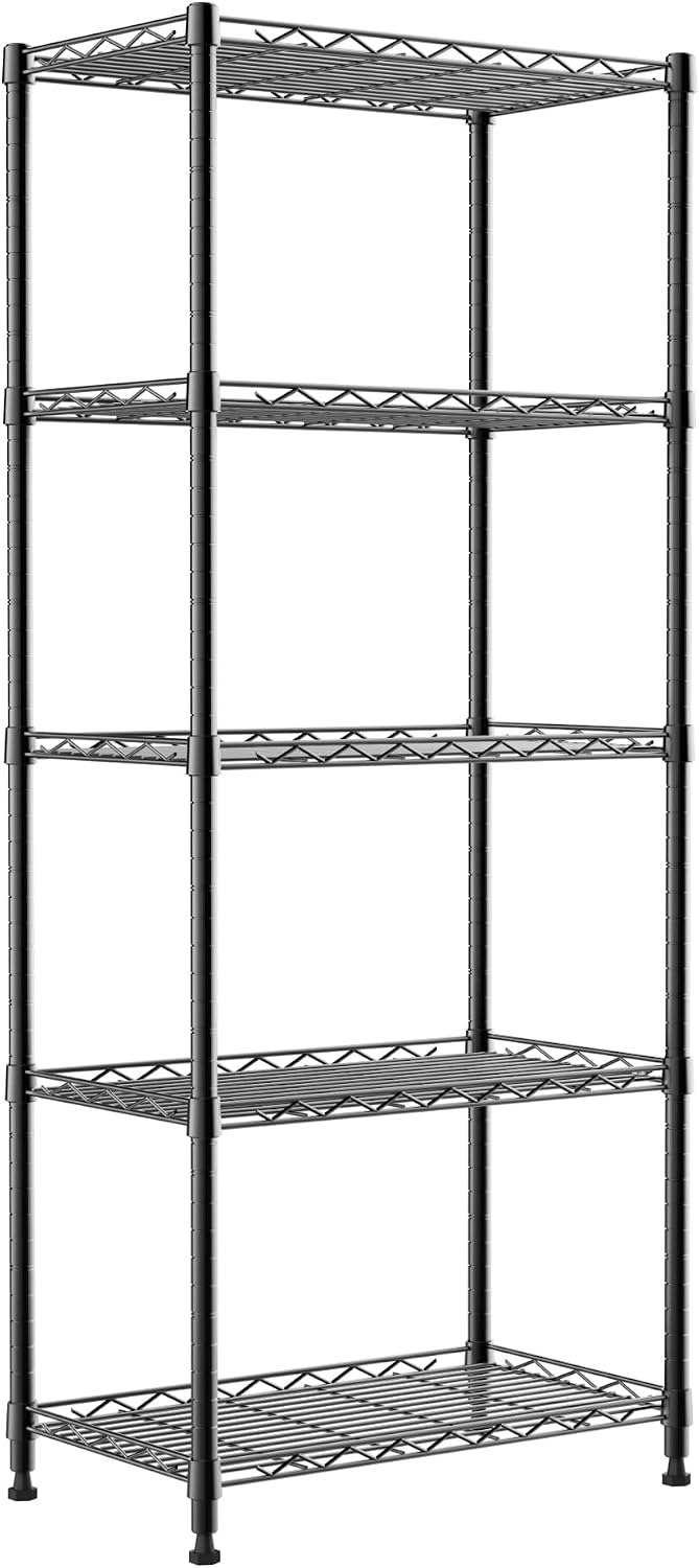 5-Wire Shelving Metal Storage Rack Adjustable Shelves,Standing Storage Shelf Units for Laundry Bathroom Kitchen Pantry Closet(Black,11.8" D x 16.6" W x 53.5" H)