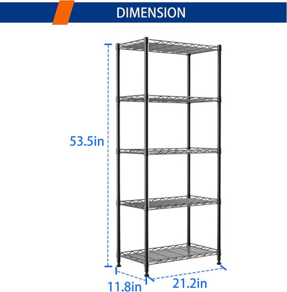 5-Wire Shelving Metal Storage Rack Adjustable Shelves,Standing Storage Shelf Units for Laundry Bathroom Kitchen Pantry Closet(Black,11.8" D x 16.6" W x 53.5" H)