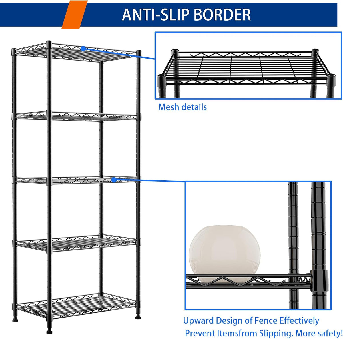 5-Wire Shelving Metal Storage Rack Adjustable Shelves,Standing Storage Shelf Units for Laundry Bathroom Kitchen Pantry Closet(Black,11.8" D x 16.6" W x 53.5" H)