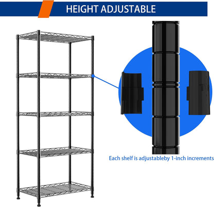 5-Wire Shelving Metal Storage Rack Adjustable Shelves,Standing Storage Shelf Units for Laundry Bathroom Kitchen Pantry Closet(Black,11.8" D x 16.6" W x 53.5" H)