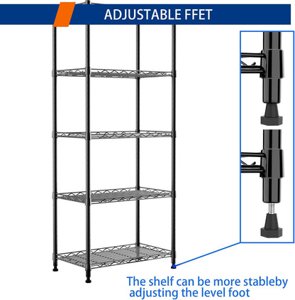 5-Wire Shelving Metal Storage Rack Adjustable Shelves,Standing Storage Shelf Units for Laundry Bathroom Kitchen Pantry Closet(Black,11.8" D x 16.6" W x 53.5" H)
