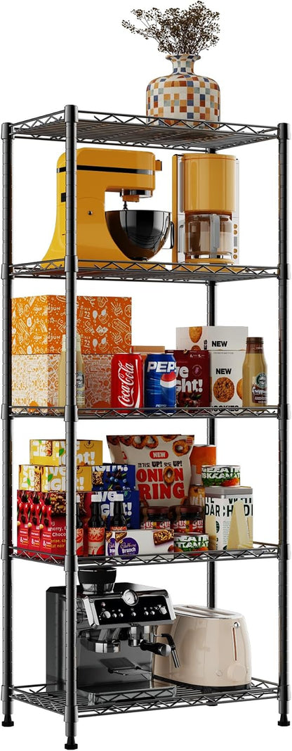 5-Wire Shelving Metal Storage Rack Adjustable Shelves,Standing Storage Shelf Units for Laundry Bathroom Kitchen Pantry Closet(Black,11.8" D x 16.6" W x 53.5" H)