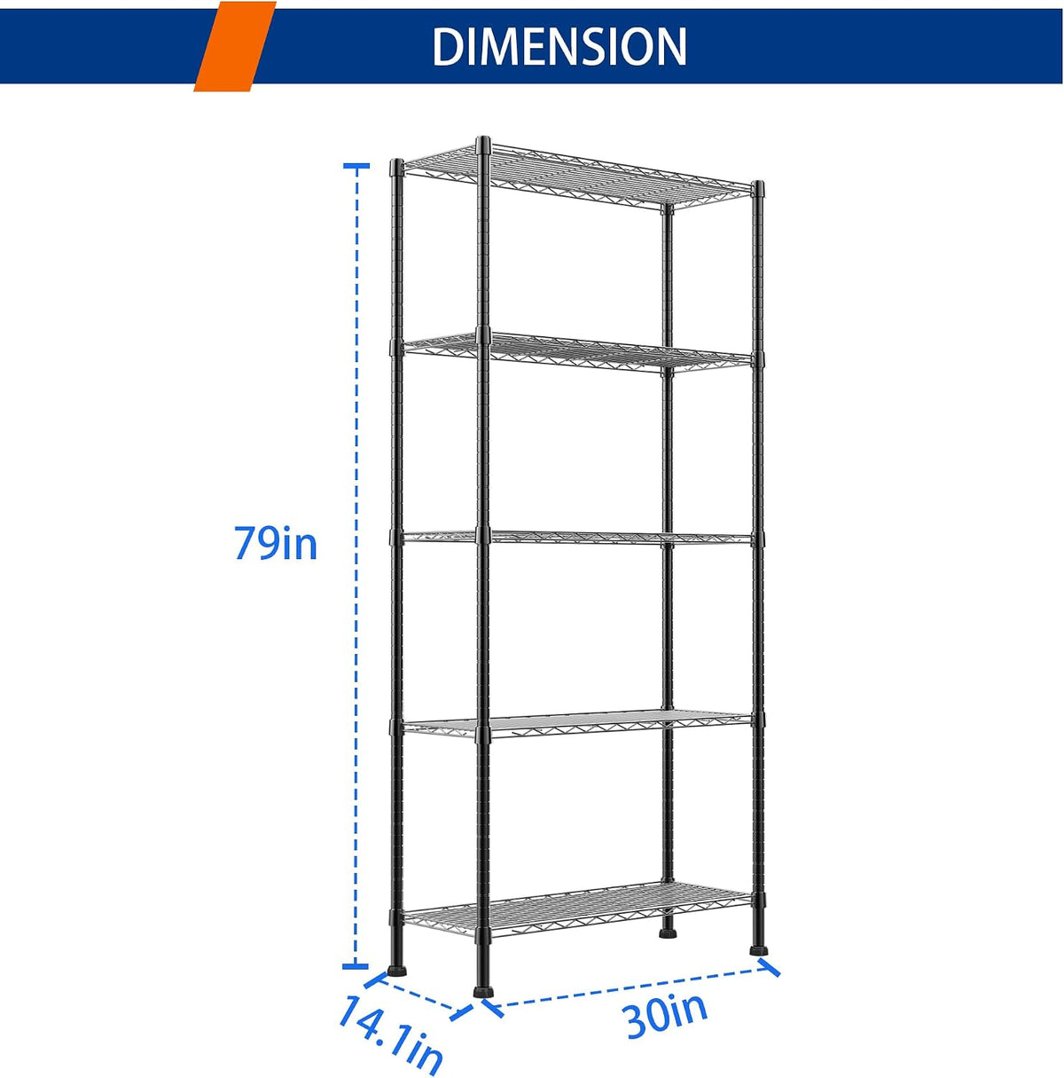 5-Wire Shelving Metal Storage Rack Adjustable Shelves,Standing Storage Shelf Units for Laundry Bathroom Kitchen Pantry Closet(Black,11.8" D x 16.6" W x 53.5" H)