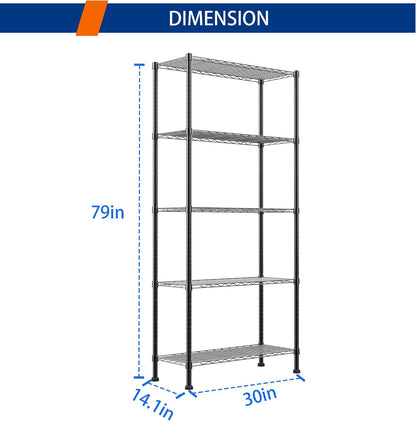 5-Wire Shelving Metal Storage Rack Adjustable Shelves,Standing Storage Shelf Units for Laundry Bathroom Kitchen Pantry Closet(Black,11.8" D x 16.6" W x 53.5" H)