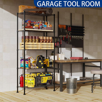 5-Wire Shelving Metal Storage Rack Adjustable Shelves,Standing Storage Shelf Units for Laundry Bathroom Kitchen Pantry Closet(Black,11.8" D x 16.6" W x 53.5" H)