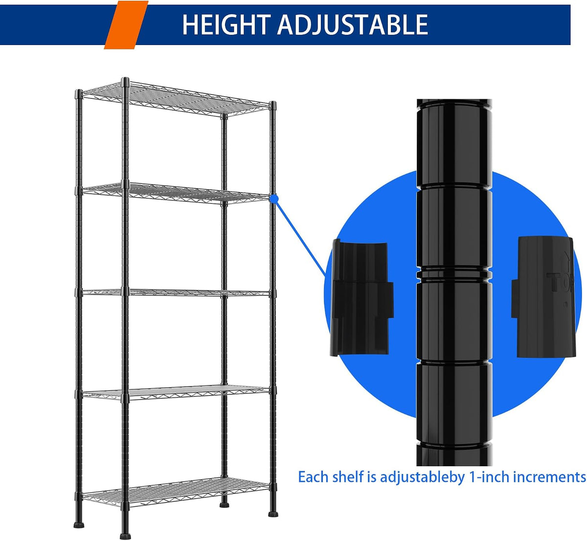 5-Wire Shelving Metal Storage Rack Adjustable Shelves,Standing Storage Shelf Units for Laundry Bathroom Kitchen Pantry Closet(Black,11.8" D x 16.6" W x 53.5" H)