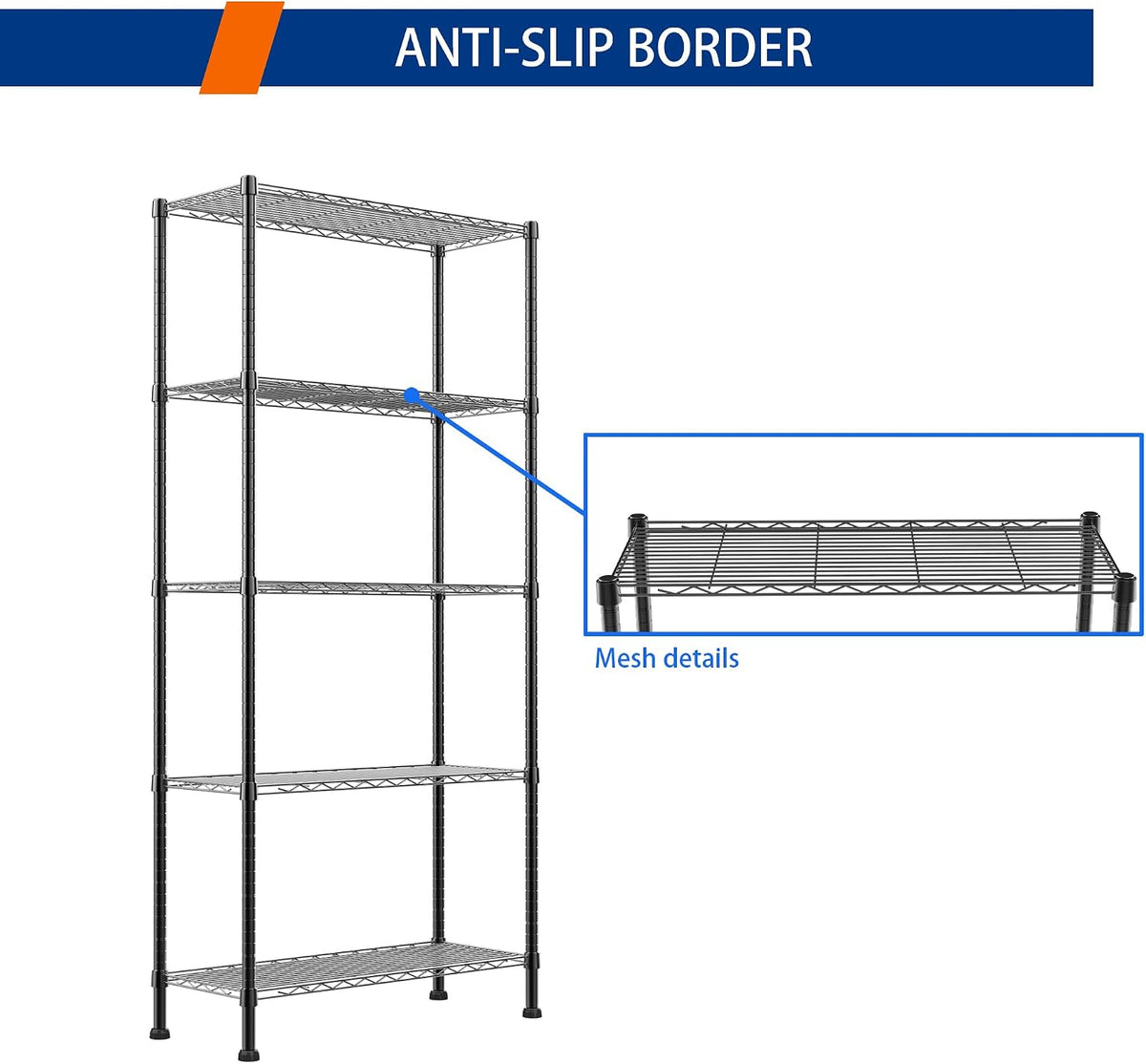 5-Wire Shelving Metal Storage Rack Adjustable Shelves,Standing Storage Shelf Units for Laundry Bathroom Kitchen Pantry Closet(Black,11.8" D x 16.6" W x 53.5" H)