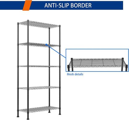 5-Wire Shelving Metal Storage Rack Adjustable Shelves,Standing Storage Shelf Units for Laundry Bathroom Kitchen Pantry Closet(Black,11.8" D x 16.6" W x 53.5" H)