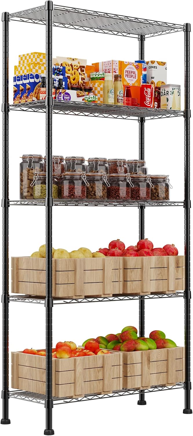 5-Wire Shelving Metal Storage Rack Adjustable Shelves,Standing Storage Shelf Units for Laundry Bathroom Kitchen Pantry Closet(Black,11.8" D x 16.6" W x 53.5" H)