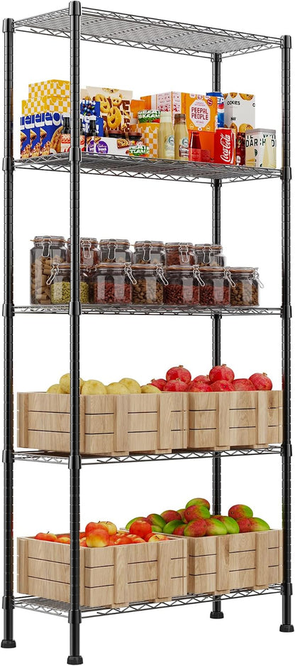 5-Wire Shelving Metal Storage Rack Adjustable Shelves,Standing Storage Shelf Units for Laundry Bathroom Kitchen Pantry Closet(Black,11.8" D x 16.6" W x 53.5" H)