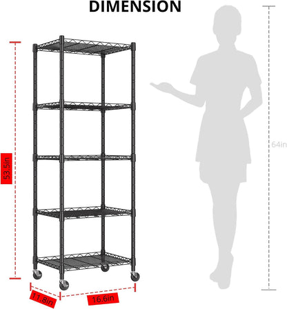 5-Wire Shelving Metal Storage Rack Adjustable Shelves,Standing Storage Shelf Units for Laundry Bathroom Kitchen Pantry Closet(Black,11.8" D x 16.6" W x 53.5" H)