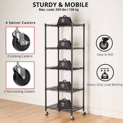 5-Wire Shelving Metal Storage Rack Adjustable Shelves,Standing Storage Shelf Units for Laundry Bathroom Kitchen Pantry Closet(Black,11.8" D x 16.6" W x 53.5" H)