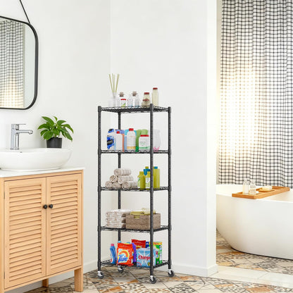 5-Wire Shelving Metal Storage Rack Adjustable Shelves,Standing Storage Shelf Units for Laundry Bathroom Kitchen Pantry Closet(Black,11.8" D x 16.6" W x 53.5" H)
