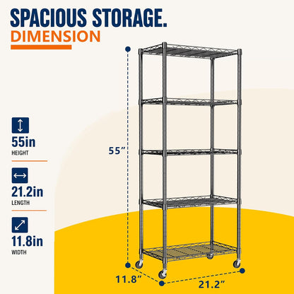 5-Wire Shelving Metal Storage Rack Adjustable Shelves,Standing Storage Shelf Units for Laundry Bathroom Kitchen Pantry Closet(Black,11.8" D x 16.6" W x 53.5" H)