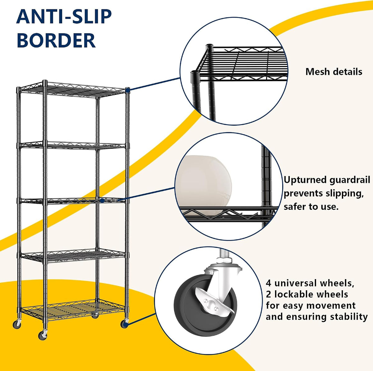 5-Wire Shelving Metal Storage Rack Adjustable Shelves,Standing Storage Shelf Units for Laundry Bathroom Kitchen Pantry Closet(Black,11.8" D x 16.6" W x 53.5" H)