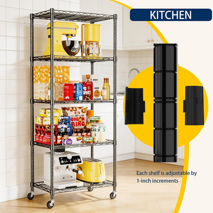5-Wire Shelving Metal Storage Rack Adjustable Shelves,Standing Storage Shelf Units for Laundry Bathroom Kitchen Pantry Closet(Black,11.8" D x 16.6" W x 53.5" H)