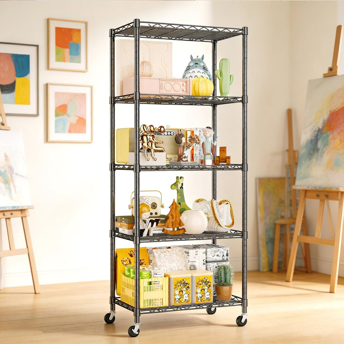 5-Wire Shelving Metal Storage Rack Adjustable Shelves,Standing Storage Shelf Units for Laundry Bathroom Kitchen Pantry Closet(Black,11.8" D x 16.6" W x 53.5" H)