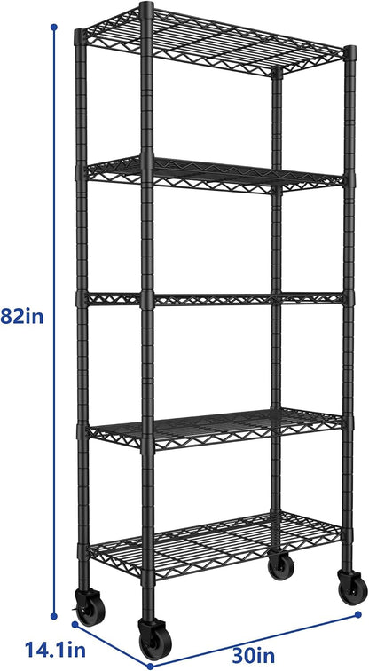 5-Wire Shelving Metal Storage Rack Adjustable Shelves,Standing Storage Shelf Units for Laundry Bathroom Kitchen Pantry Closet(Black,11.8" D x 16.6" W x 53.5" H)