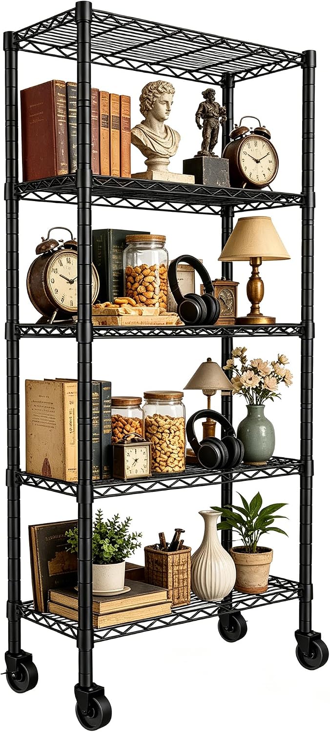 5-Wire Shelving Metal Storage Rack Adjustable Shelves,Standing Storage Shelf Units for Laundry Bathroom Kitchen Pantry Closet(Black,11.8" D x 16.6" W x 53.5" H)