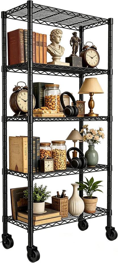 5-Wire Shelving Metal Storage Rack Adjustable Shelves,Standing Storage Shelf Units for Laundry Bathroom Kitchen Pantry Closet(Black,11.8" D x 16.6" W x 53.5" H)
