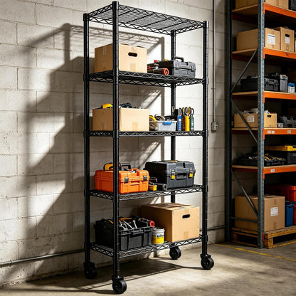 5-Wire Shelving Metal Storage Rack Adjustable Shelves,Standing Storage Shelf Units for Laundry Bathroom Kitchen Pantry Closet(Black,11.8" D x 16.6" W x 53.5" H)