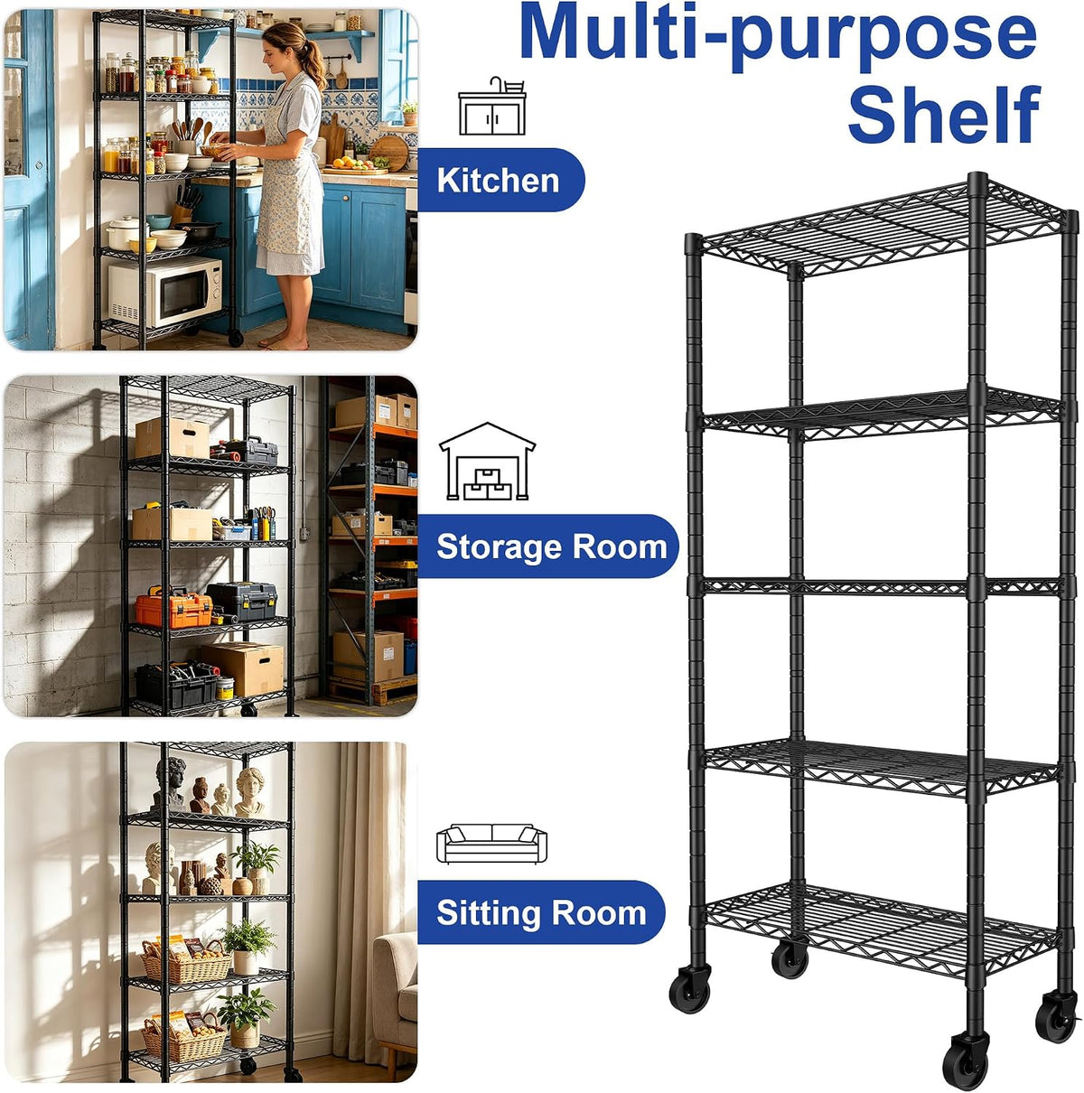 5-Wire Shelving Metal Storage Rack Adjustable Shelves,Standing Storage Shelf Units for Laundry Bathroom Kitchen Pantry Closet(Black,11.8" D x 16.6" W x 53.5" H)