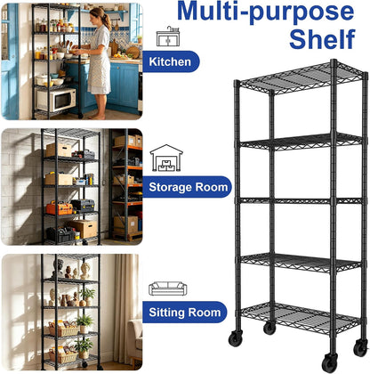 5-Wire Shelving Metal Storage Rack Adjustable Shelves,Standing Storage Shelf Units for Laundry Bathroom Kitchen Pantry Closet(Black,11.8" D x 16.6" W x 53.5" H)