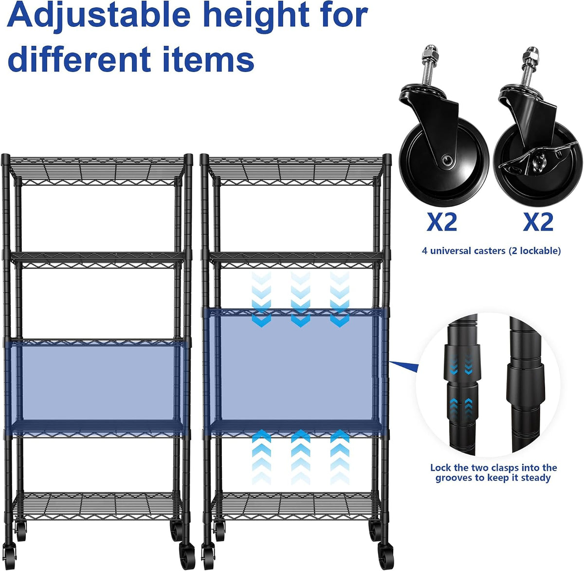 5-Wire Shelving Metal Storage Rack Adjustable Shelves,Standing Storage Shelf Units for Laundry Bathroom Kitchen Pantry Closet(Black,11.8" D x 16.6" W x 53.5" H)