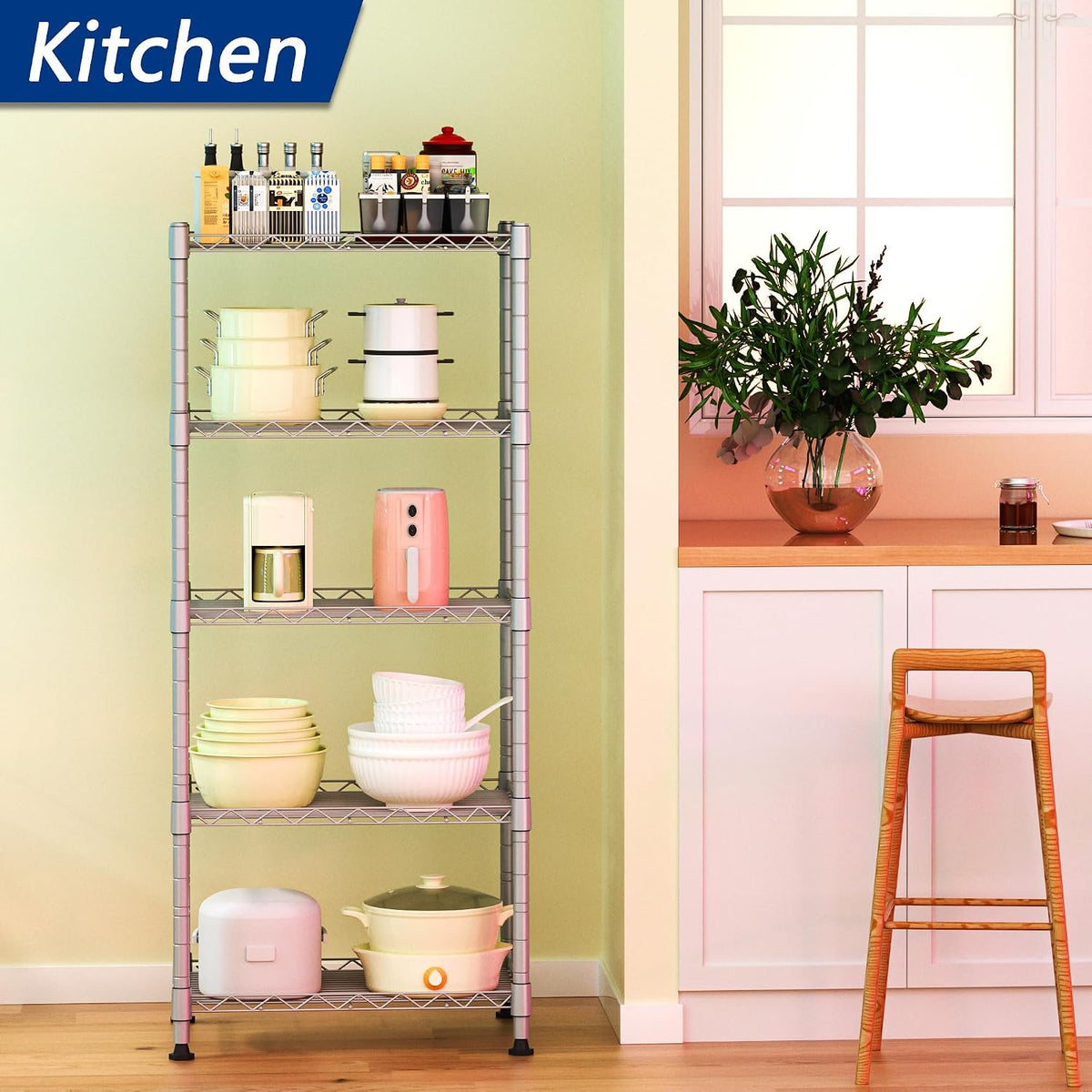 5-Wire Shelving Metal Storage Rack Adjustable Shelves,Standing Storage Shelf Units for Laundry Bathroom Kitchen Pantry Closet(Black,11.8" D x 16.6" W x 53.5" H)