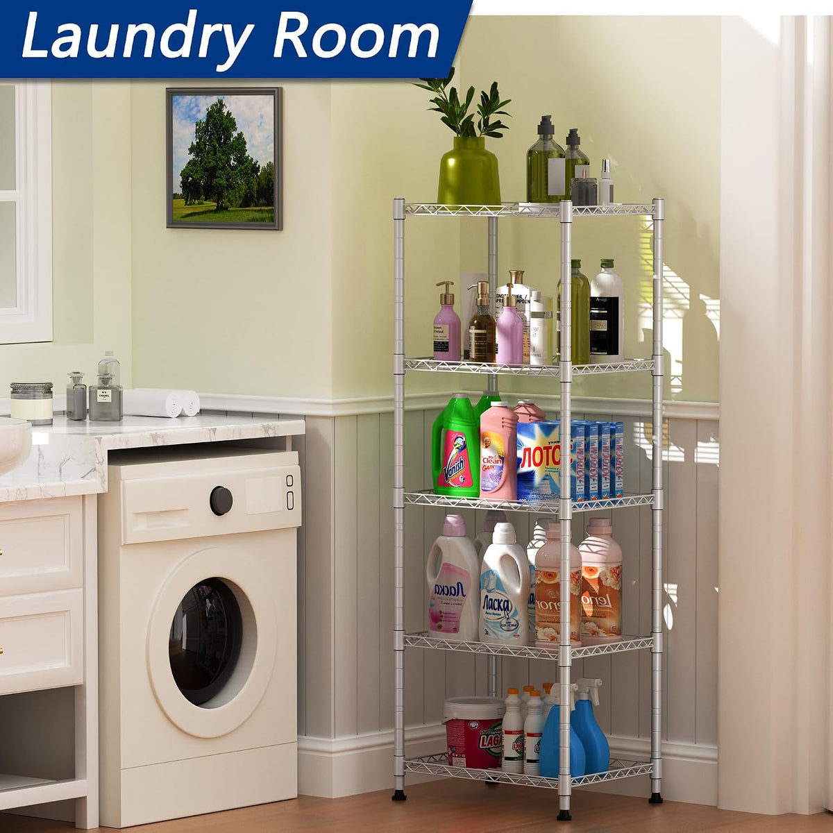5-Wire Shelving Metal Storage Rack Adjustable Shelves,Standing Storage Shelf Units for Laundry Bathroom Kitchen Pantry Closet(Black,11.8" D x 16.6" W x 53.5" H)