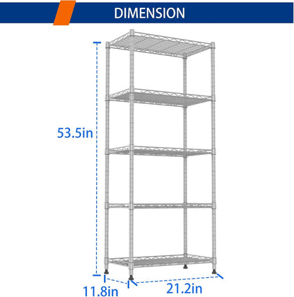 5-Wire Shelving Metal Storage Rack Adjustable Shelves,Standing Storage Shelf Units for Laundry Bathroom Kitchen Pantry Closet(Black,11.8" D x 16.6" W x 53.5" H)
