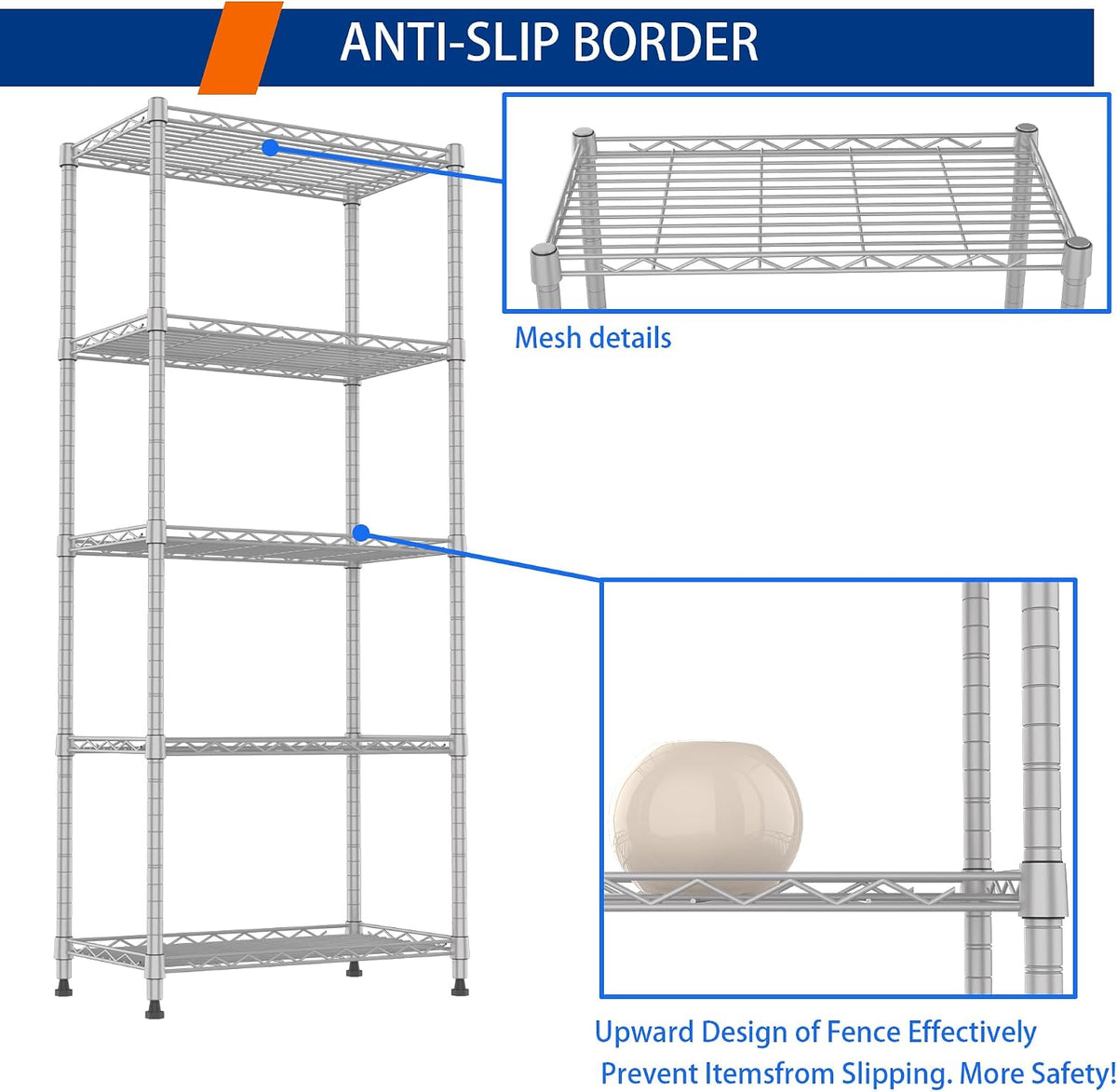 5-Wire Shelving Metal Storage Rack Adjustable Shelves,Standing Storage Shelf Units for Laundry Bathroom Kitchen Pantry Closet(Black,11.8" D x 16.6" W x 53.5" H)