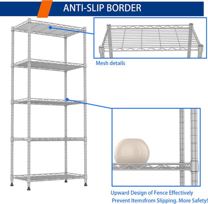 5-Wire Shelving Metal Storage Rack Adjustable Shelves,Standing Storage Shelf Units for Laundry Bathroom Kitchen Pantry Closet(Black,11.8" D x 16.6" W x 53.5" H)