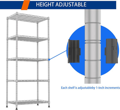 5-Wire Shelving Metal Storage Rack Adjustable Shelves,Standing Storage Shelf Units for Laundry Bathroom Kitchen Pantry Closet(Black,11.8" D x 16.6" W x 53.5" H)