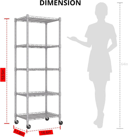 5-Wire Shelving Metal Storage Rack Adjustable Shelves,Standing Storage Shelf Units for Laundry Bathroom Kitchen Pantry Closet(Black,11.8" D x 16.6" W x 53.5" H)