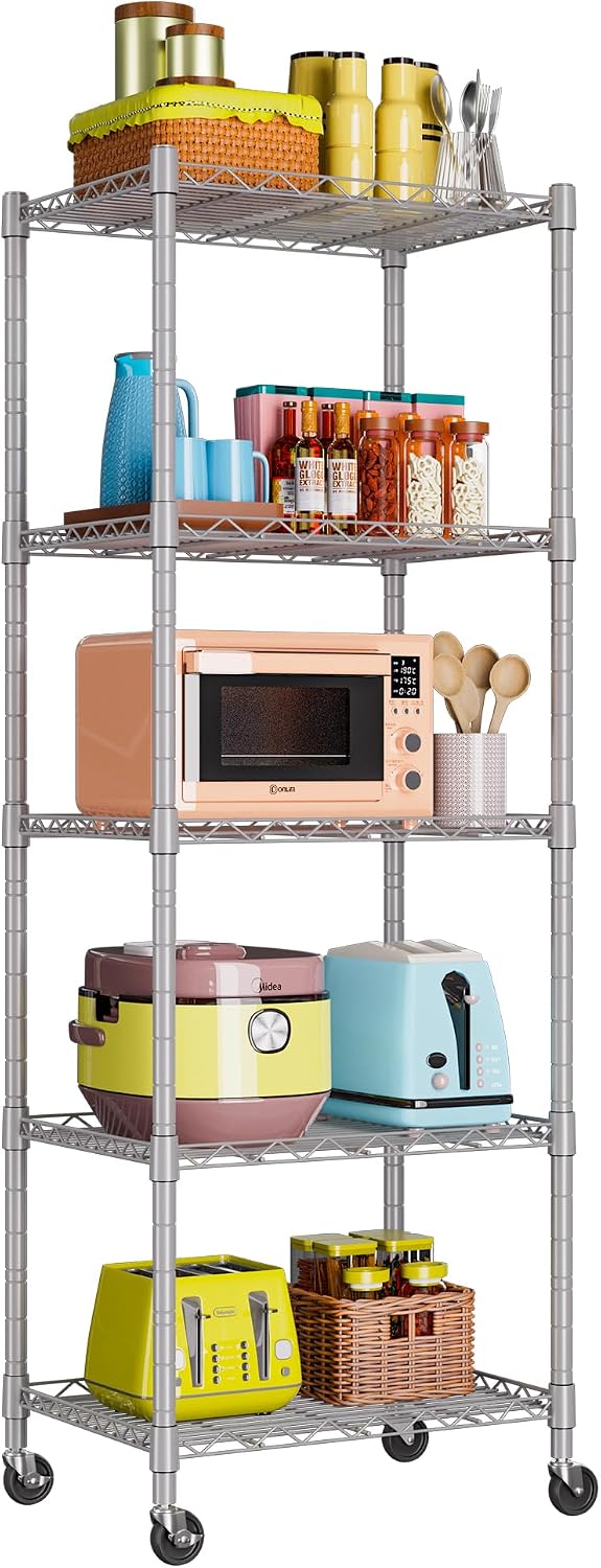 5-Wire Shelving Metal Storage Rack Adjustable Shelves,Standing Storage Shelf Units for Laundry Bathroom Kitchen Pantry Closet(Black,11.8" D x 16.6" W x 53.5" H)