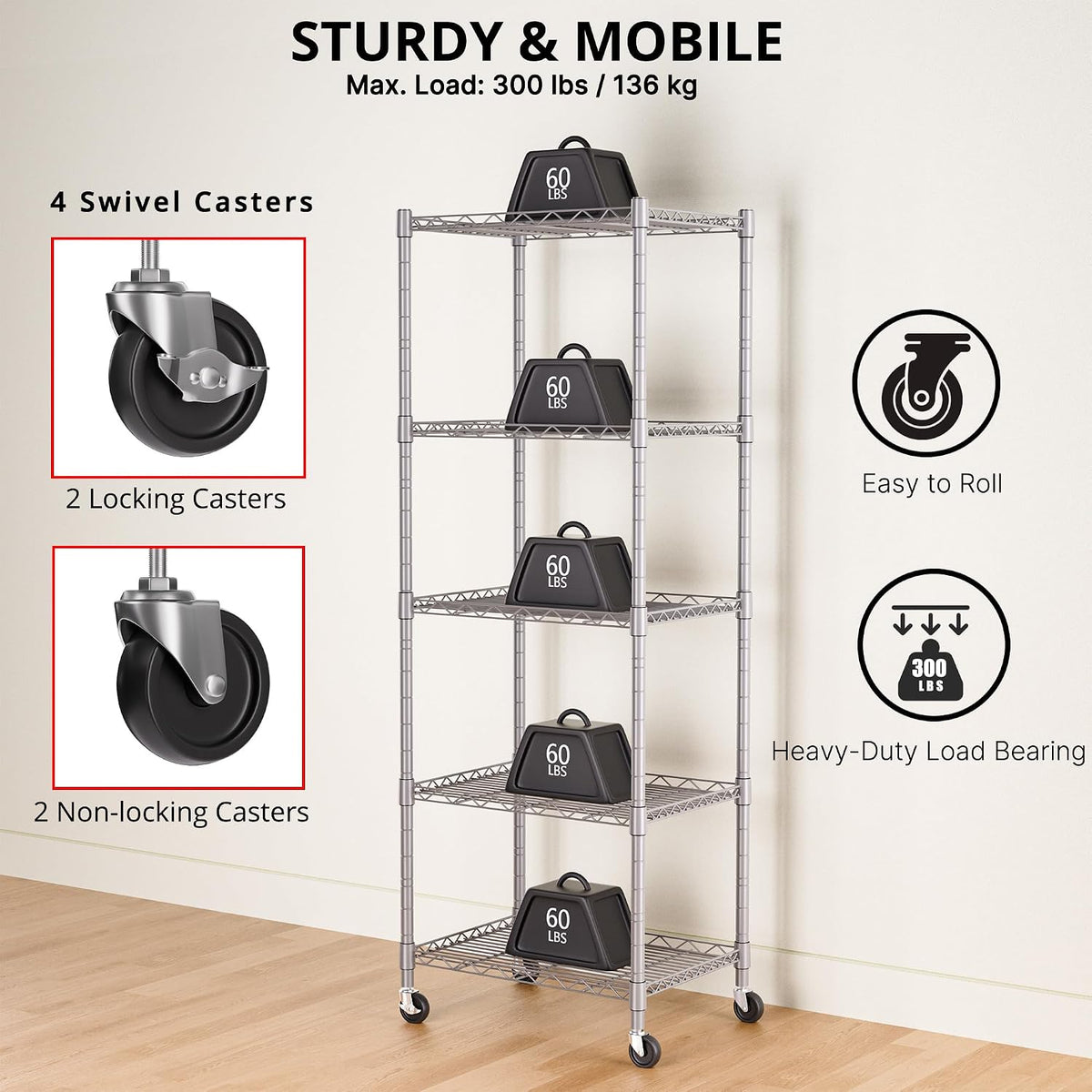 5-Wire Shelving Metal Storage Rack Adjustable Shelves,Standing Storage Shelf Units for Laundry Bathroom Kitchen Pantry Closet(Black,11.8" D x 16.6" W x 53.5" H)