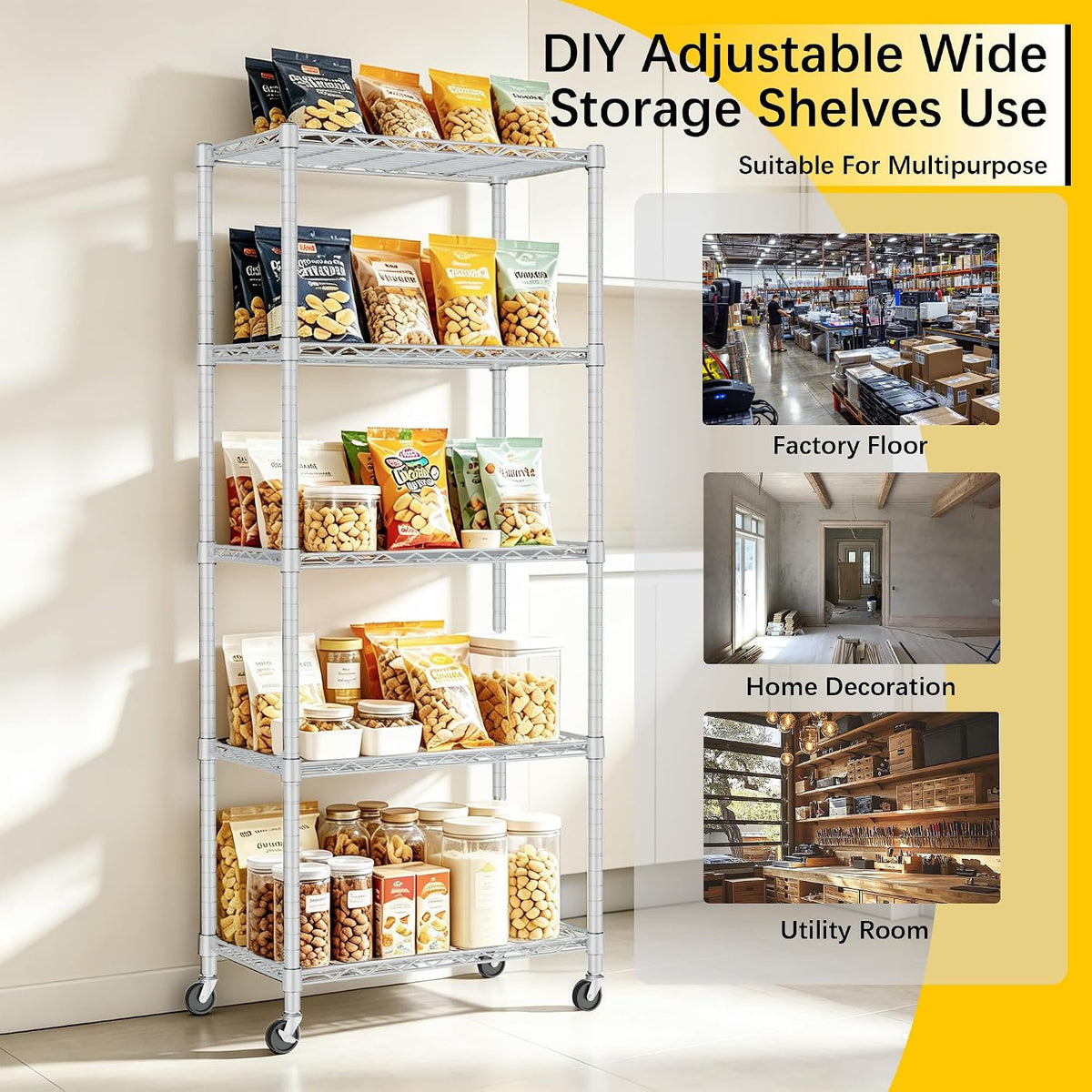5-Wire Shelving Metal Storage Rack Adjustable Shelves,Standing Storage Shelf Units for Laundry Bathroom Kitchen Pantry Closet(Black,11.8" D x 16.6" W x 53.5" H)