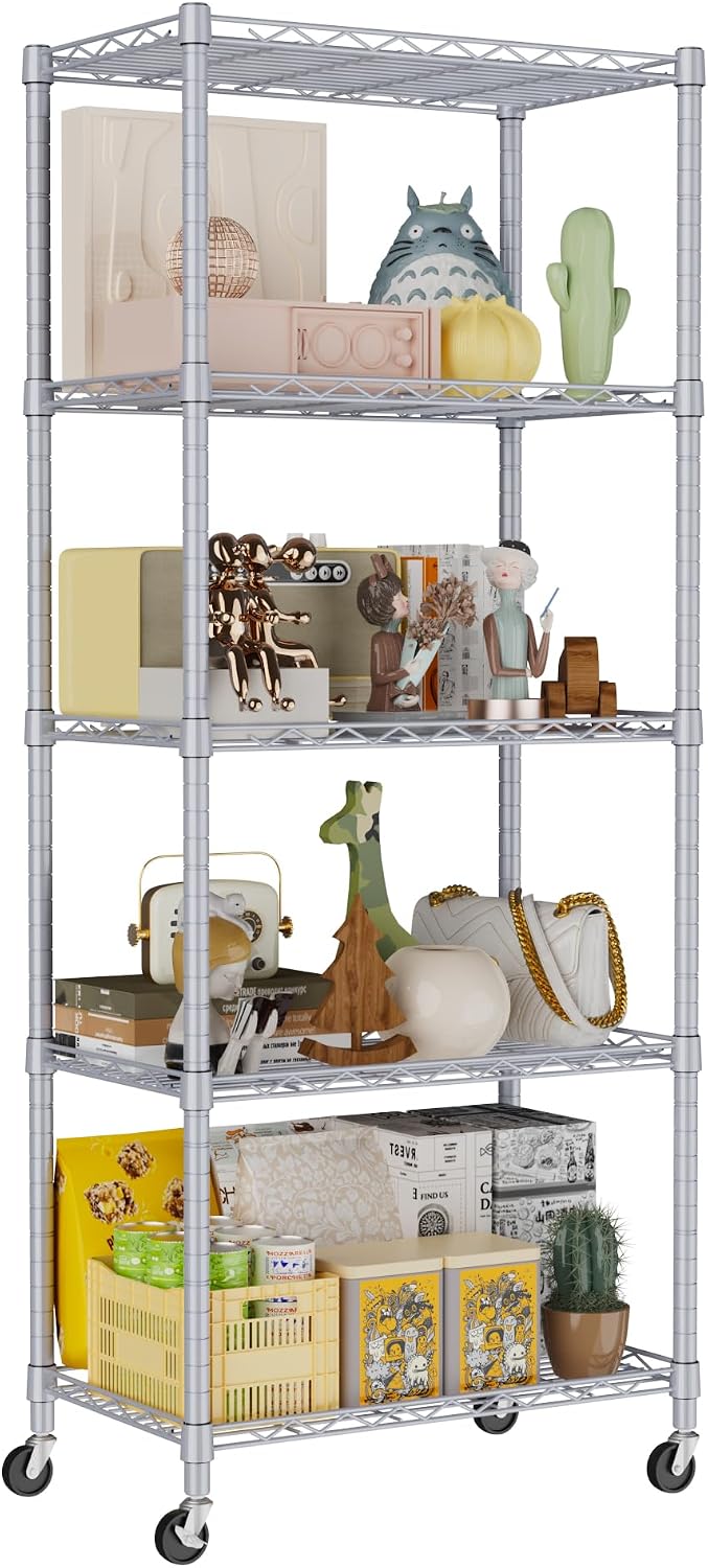 5-Wire Shelving Metal Storage Rack Adjustable Shelves,Standing Storage Shelf Units for Laundry Bathroom Kitchen Pantry Closet(Black,11.8" D x 16.6" W x 53.5" H)