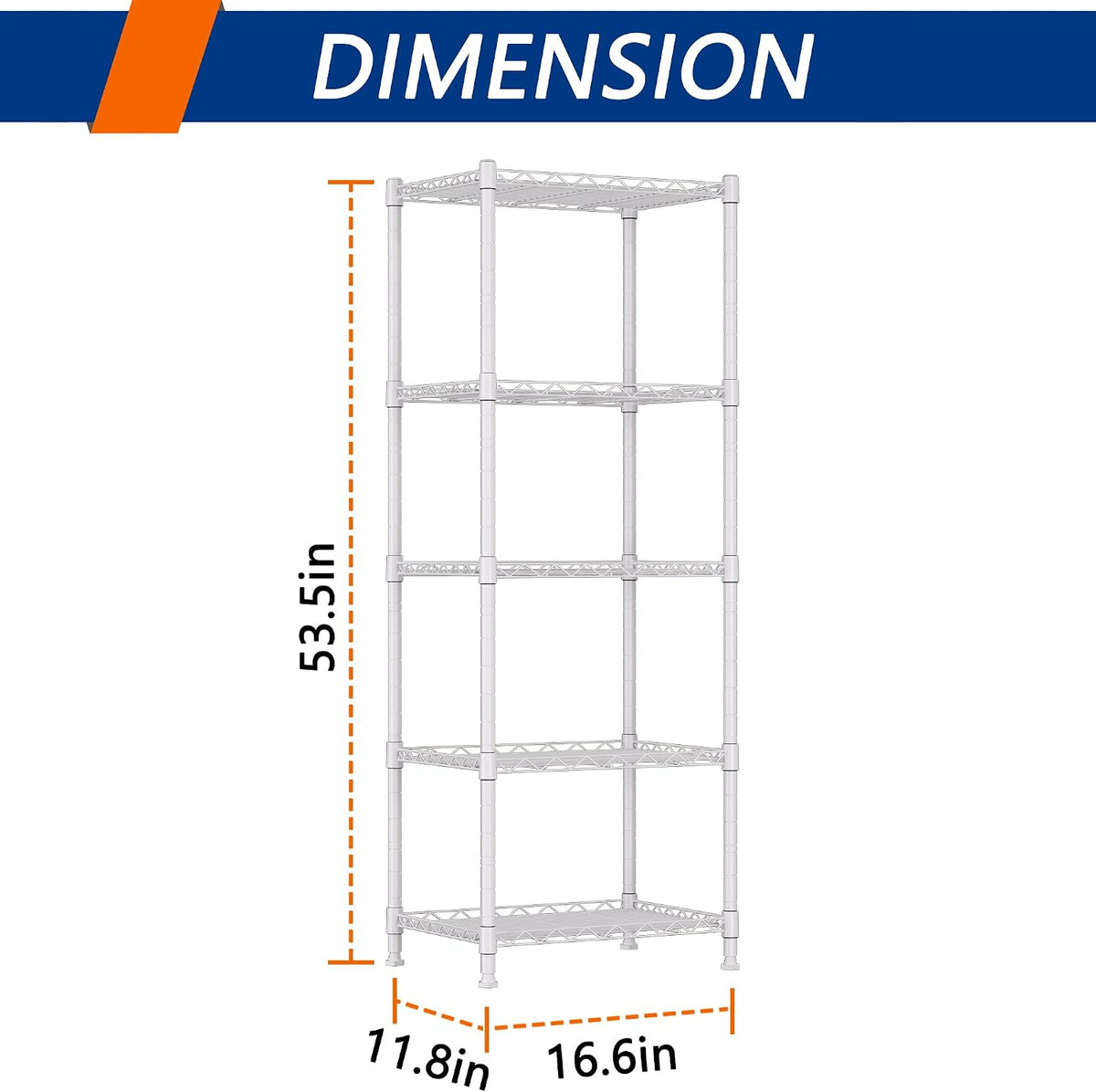 5-Wire Shelving Metal Storage Rack Adjustable Shelves,Standing Storage Shelf Units for Laundry Bathroom Kitchen Pantry Closet(Black,11.8" D x 16.6" W x 53.5" H)