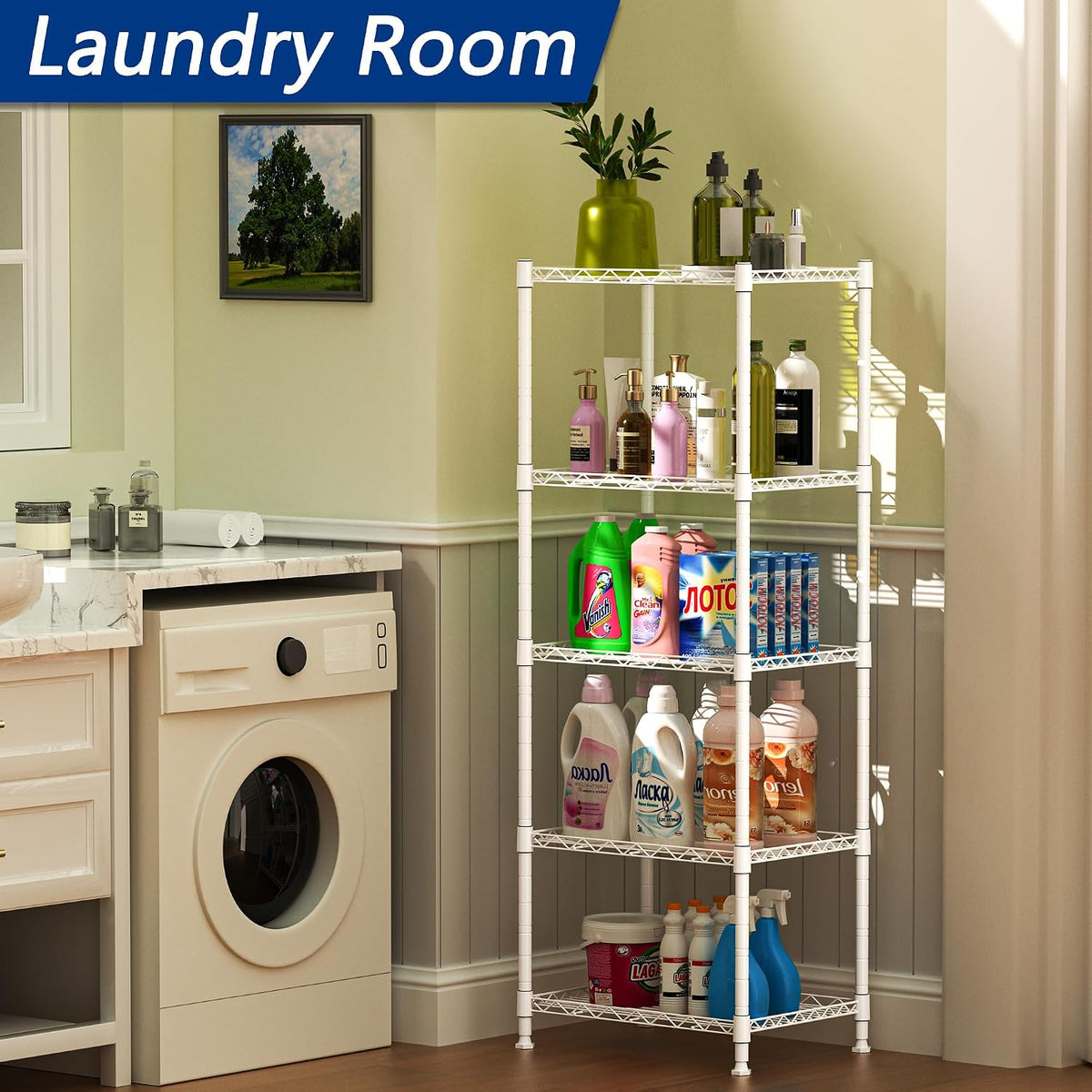 5-Wire Shelving Metal Storage Rack Adjustable Shelves,Standing Storage Shelf Units for Laundry Bathroom Kitchen Pantry Closet(Black,11.8" D x 16.6" W x 53.5" H)
