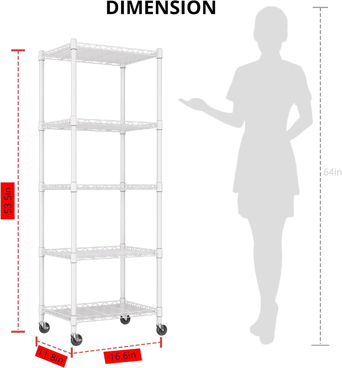 5-Wire Shelving Metal Storage Rack Adjustable Shelves,Standing Storage Shelf Units for Laundry Bathroom Kitchen Pantry Closet(Black,11.8" D x 16.6" W x 53.5" H)