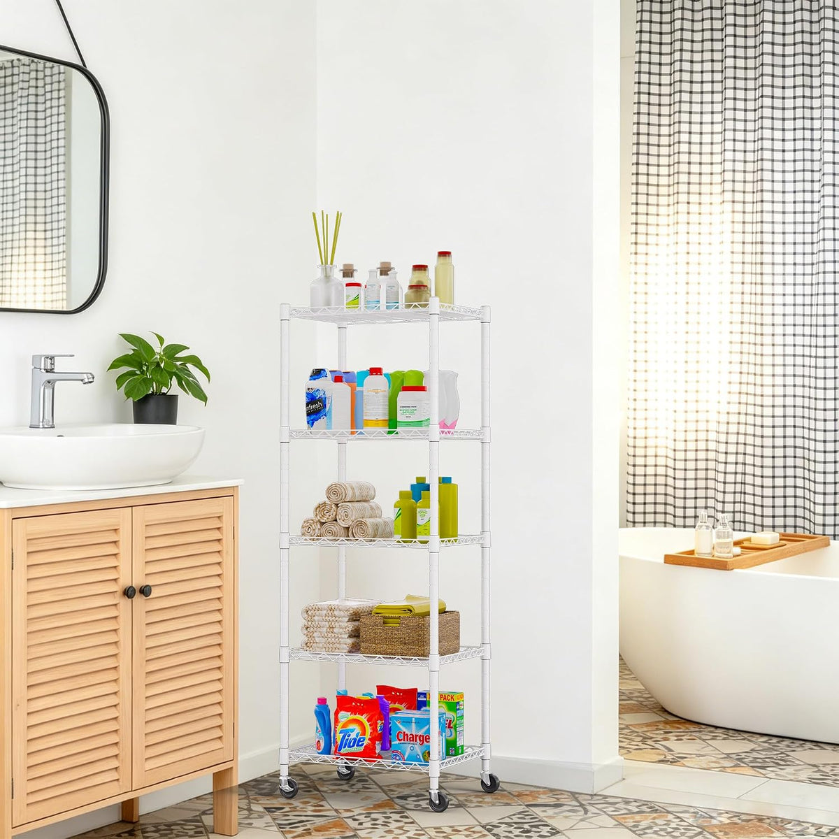 5-Wire Shelving Metal Storage Rack Adjustable Shelves,Standing Storage Shelf Units for Laundry Bathroom Kitchen Pantry Closet(Black,11.8" D x 16.6" W x 53.5" H)
