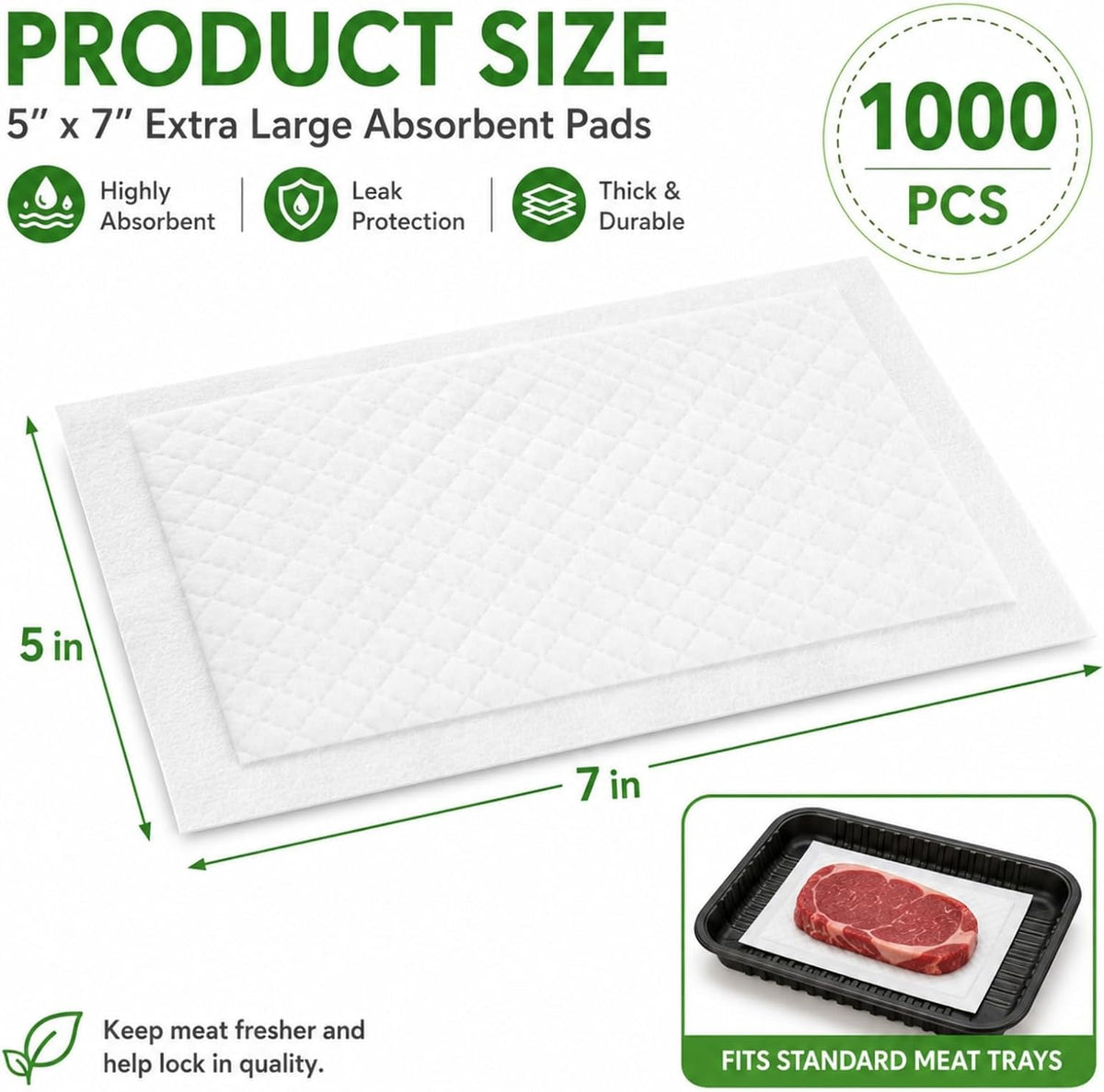 1000 Absorbent Meat Pads, 5 x 7 Food Tray Liner for Packaging