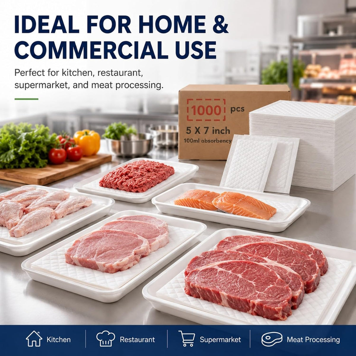 1000 Absorbent Meat Pads, 5 x 7 Food Tray Liner for Packaging