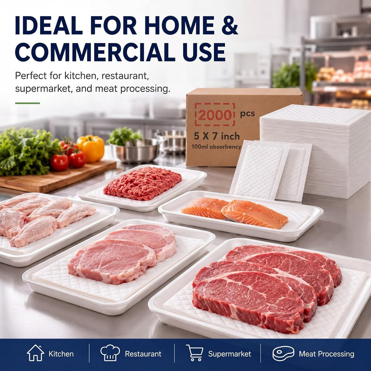1000 Absorbent Meat Pads, 5 x 7 Food Tray Liner for Packaging